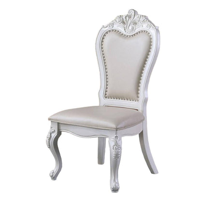 Benjara Zenie Dining Side Chair Set of 2, Carved Cabriole, Faux Leather, White Wood