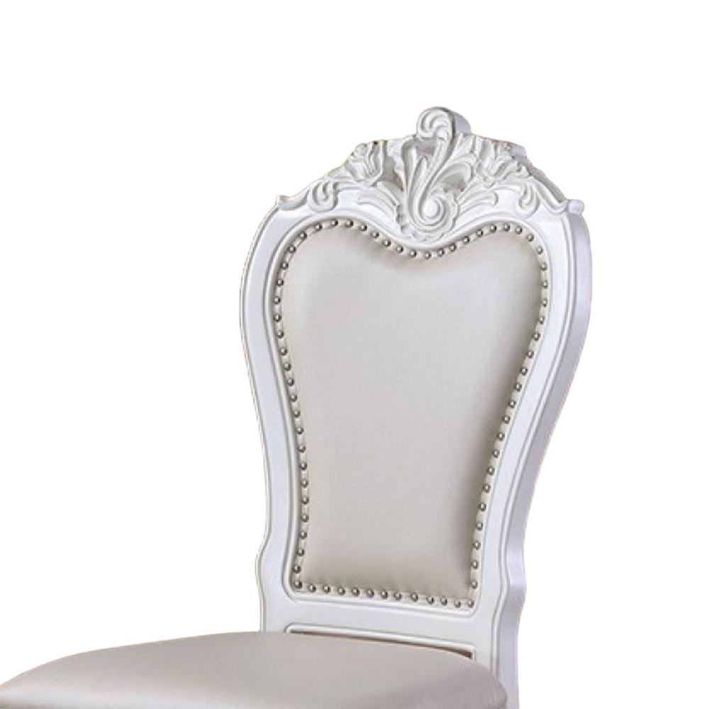 Benjara Zenie Dining Side Chair Set of 2, Carved Cabriole, Faux Leather, White Wood