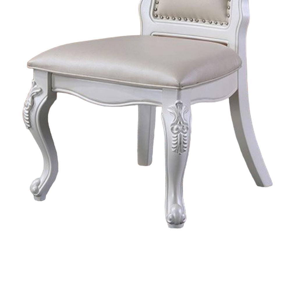 Benjara Zenie Dining Side Chair Set of 2, Carved Cabriole, Faux Leather, White Wood