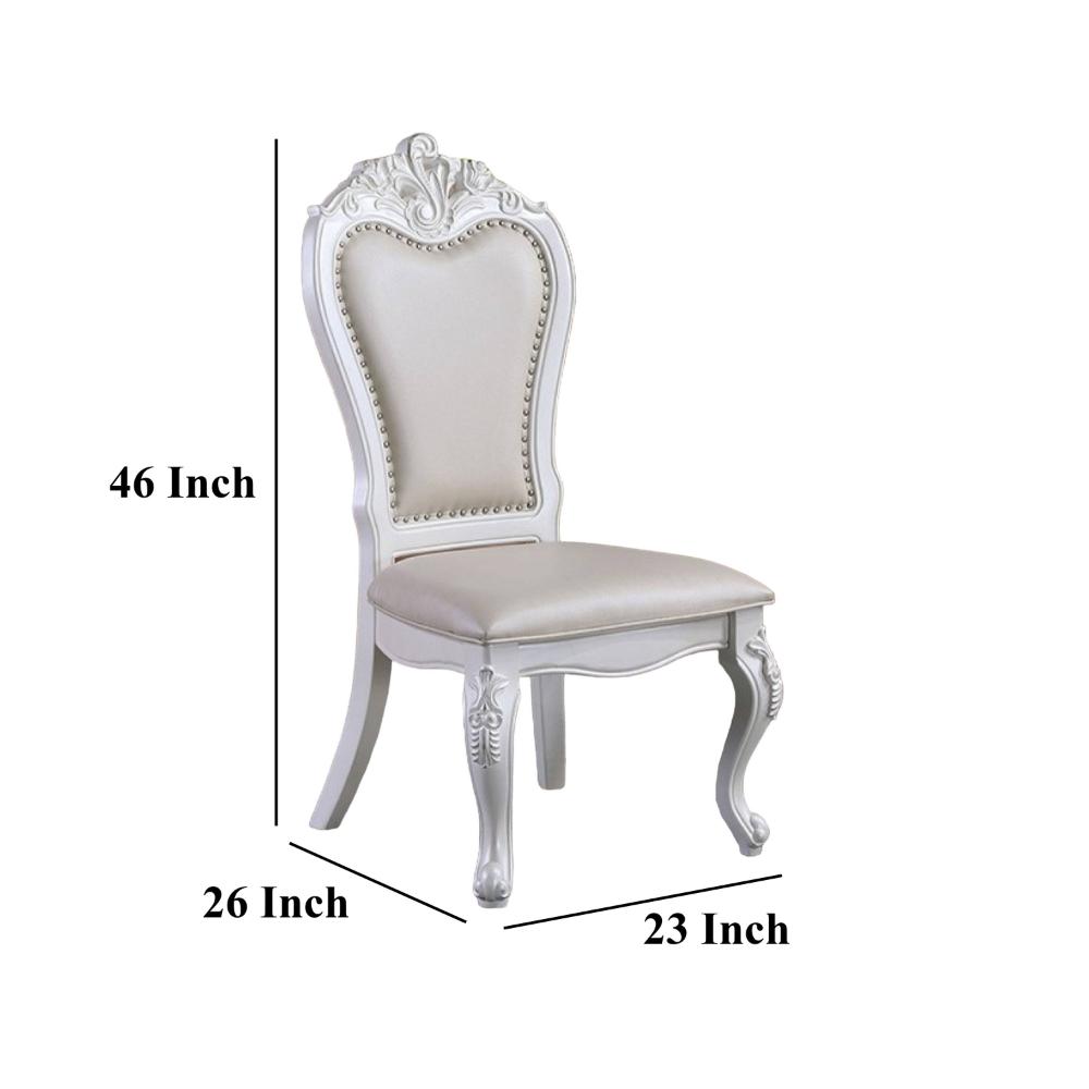 Benjara Zenie Dining Side Chair Set of 2, Carved Cabriole, Faux Leather, White Wood