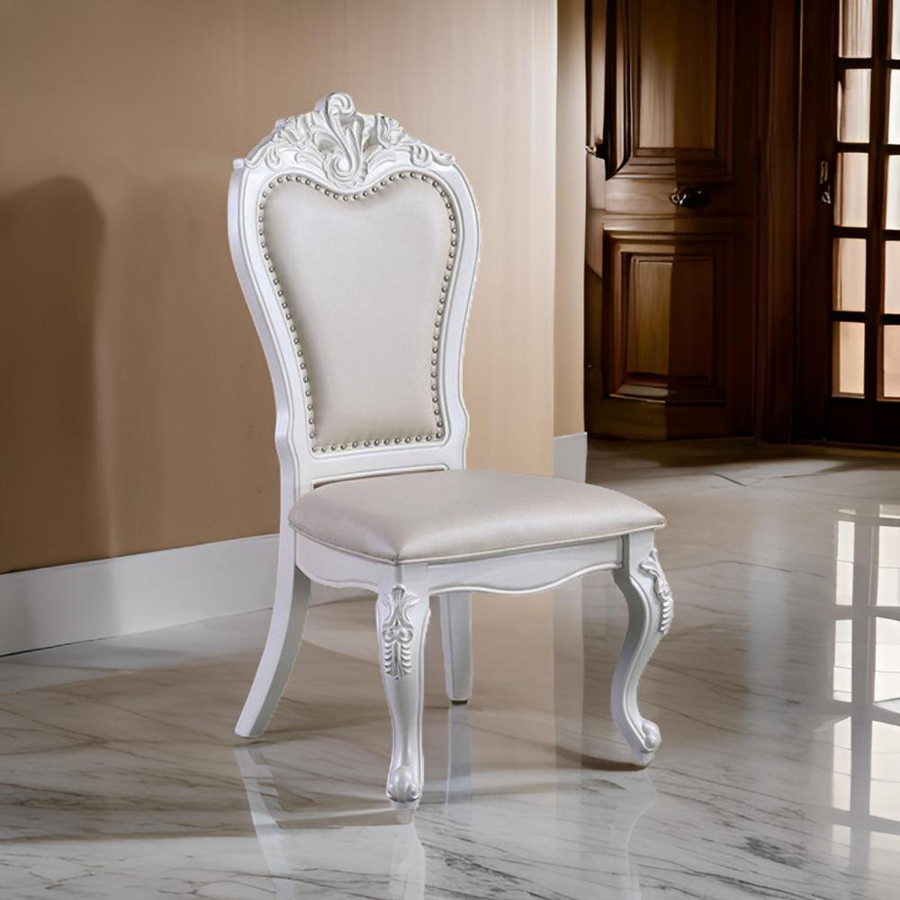Benjara Zenie Dining Side Chair Set of 2, Carved Cabriole, Faux Leather, White Wood