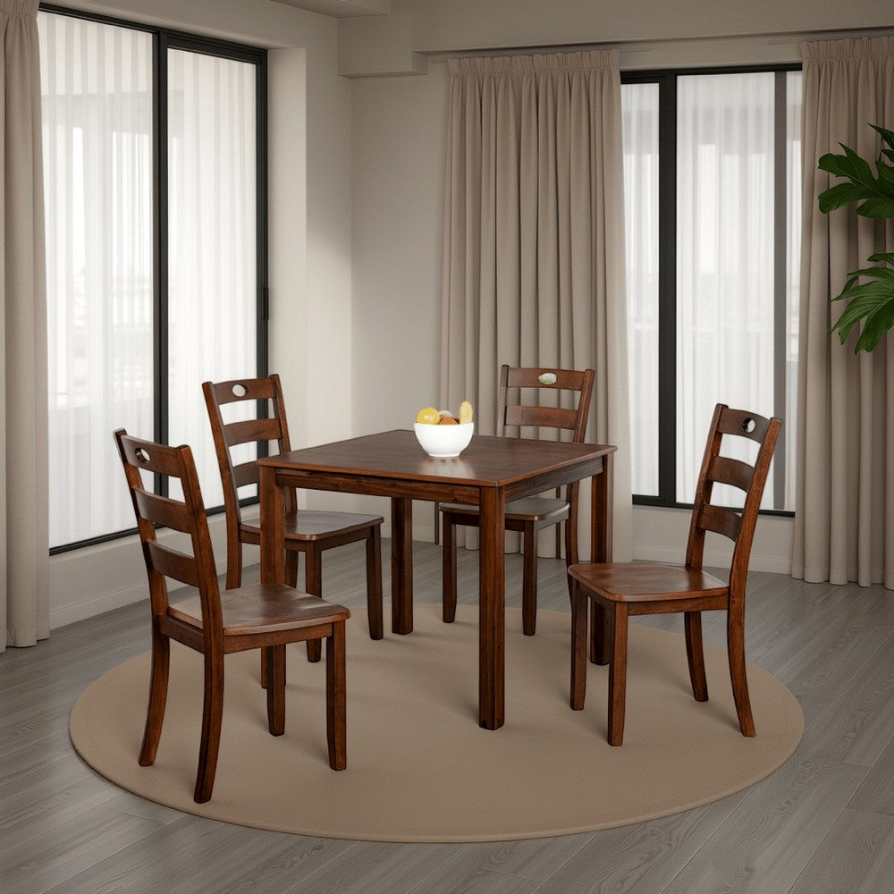 Benjara Lasie 5 Piece Dining Table Set, 4 Chairs, Slatted Backs, Brown Solid Wood