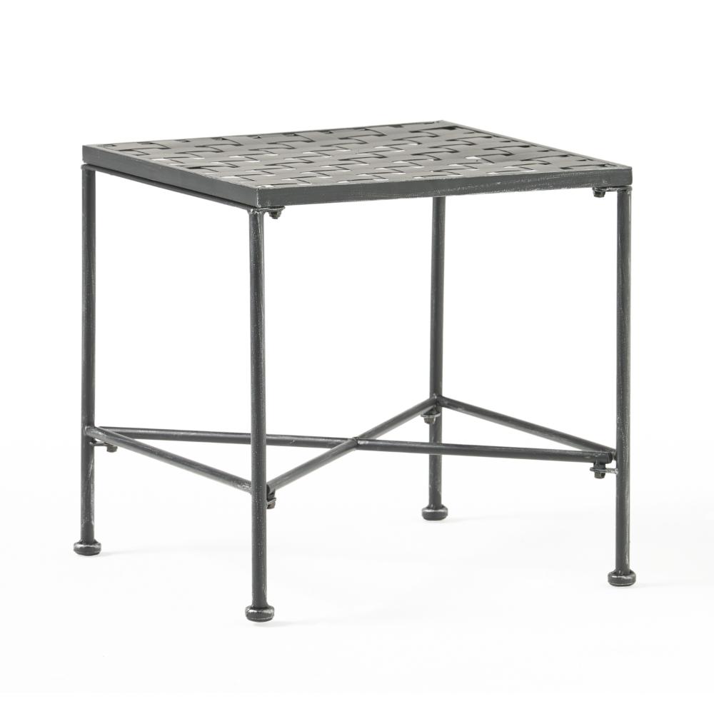 Benjara Lucia Side End Table, Black, Silver Outdoor Iron Frame, Square 18 Inch