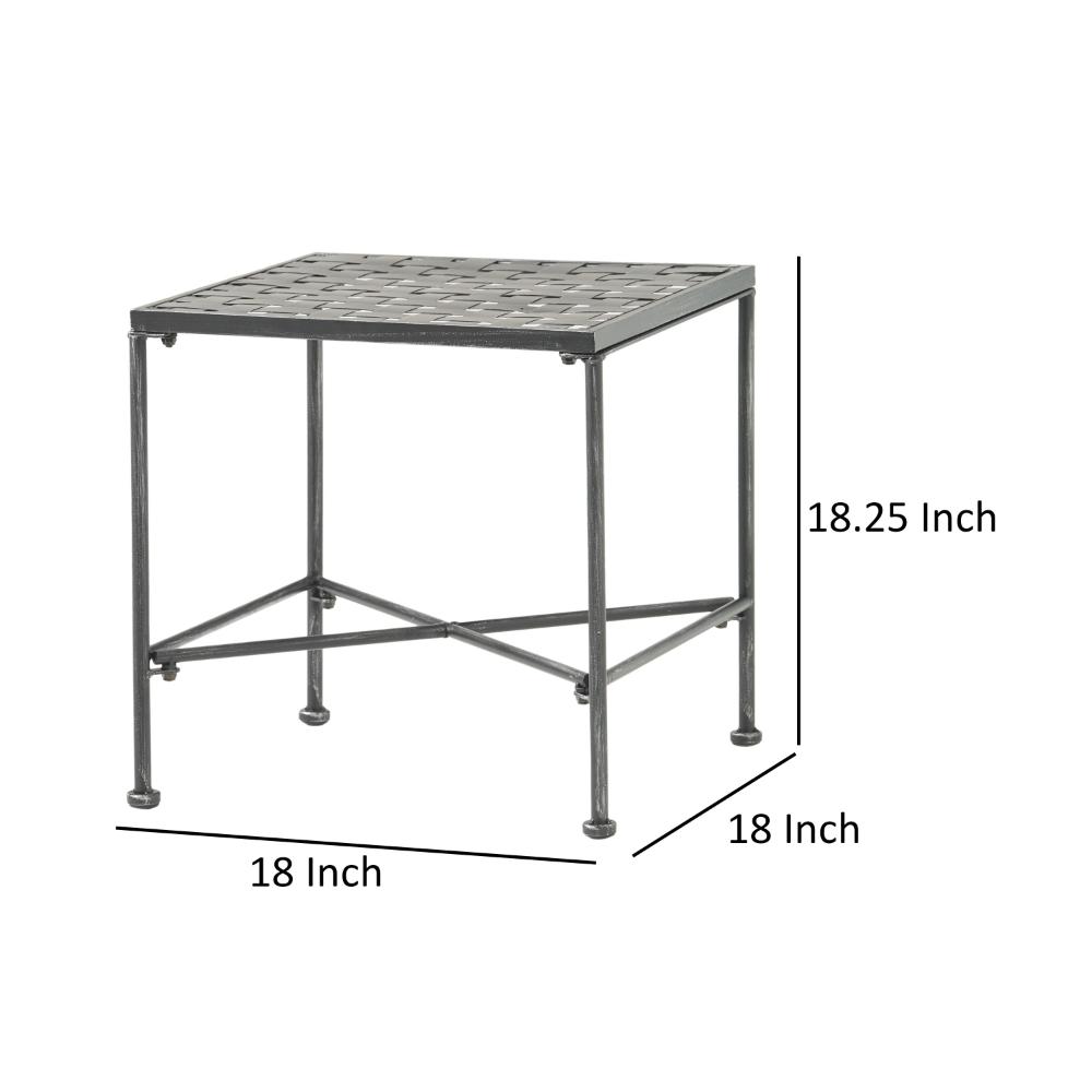 Benjara Lucia Side End Table, Black, Silver Outdoor Iron Frame, Square 18 Inch
