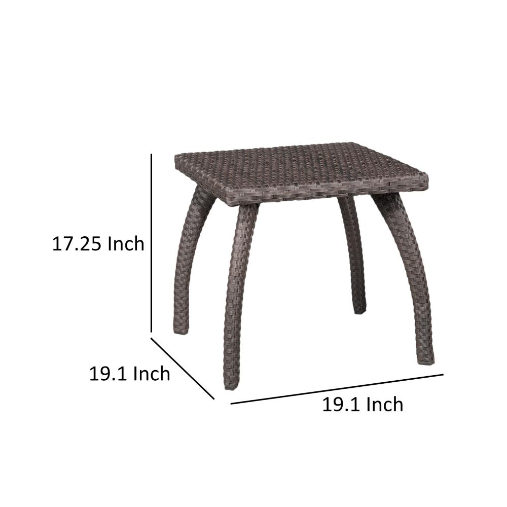 Benjara Honi Side End Table, Square 19 Inch Brown Outdoor Rattan, Iron, Curved Legs