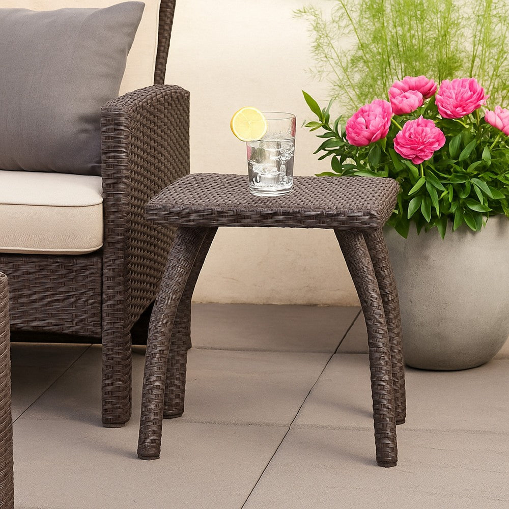 Benjara Honi Side End Table, Square 19 Inch Brown Outdoor Rattan, Iron, Curved Legs