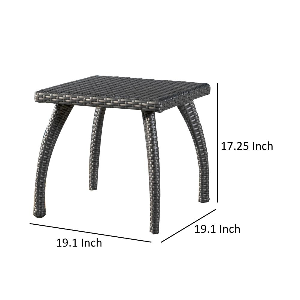 Benjara Honi Side End Table, Square 19 Inch, Gray Outdoor Rattan, Iron, Curved Legs