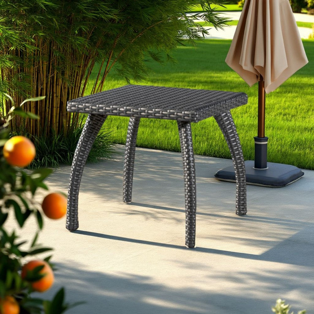 Benjara Honi Side End Table, Square 19 Inch, Gray Outdoor Rattan, Iron, Curved Legs