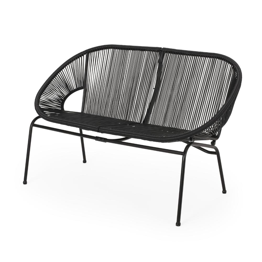 Benjara Remma Loveseat, Outdoor Rattan, Basket Woven, Black Iron Frame, 52 Inch