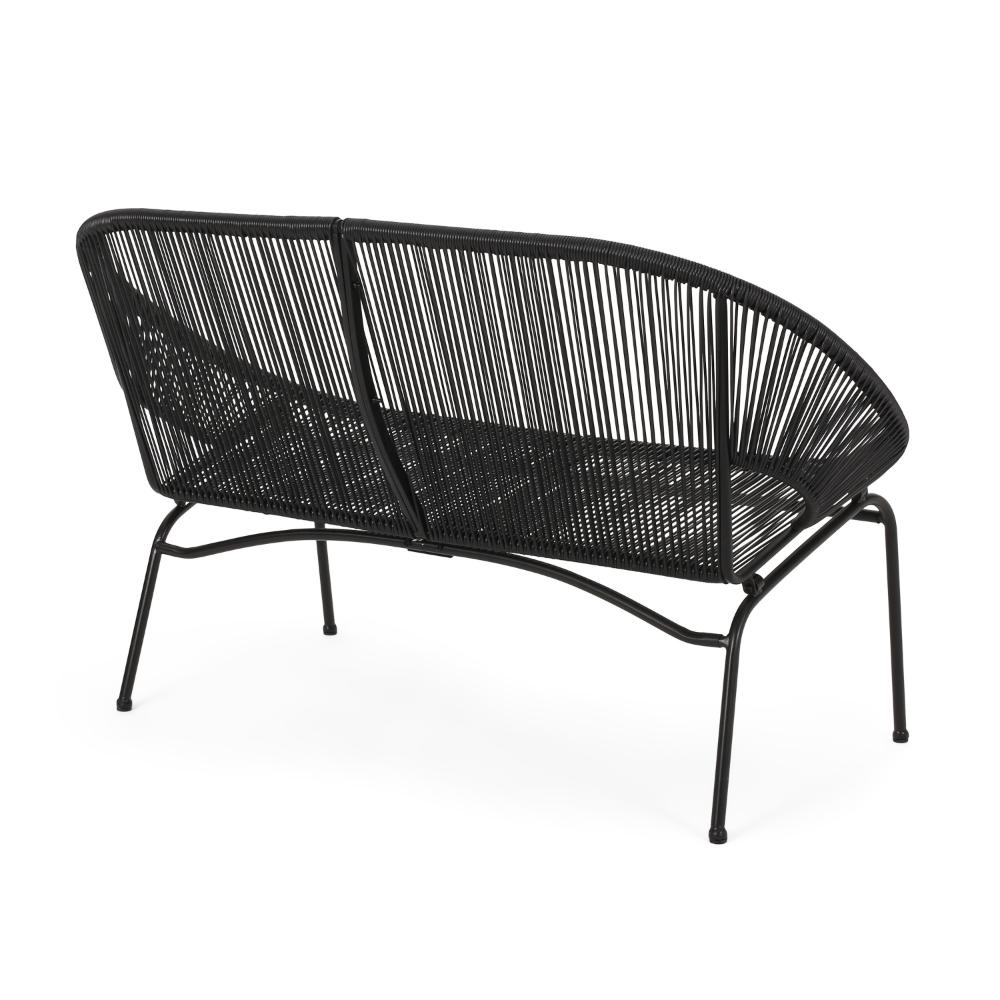 Benjara Remma Loveseat, Outdoor Rattan, Basket Woven, Black Iron Frame, 52 Inch