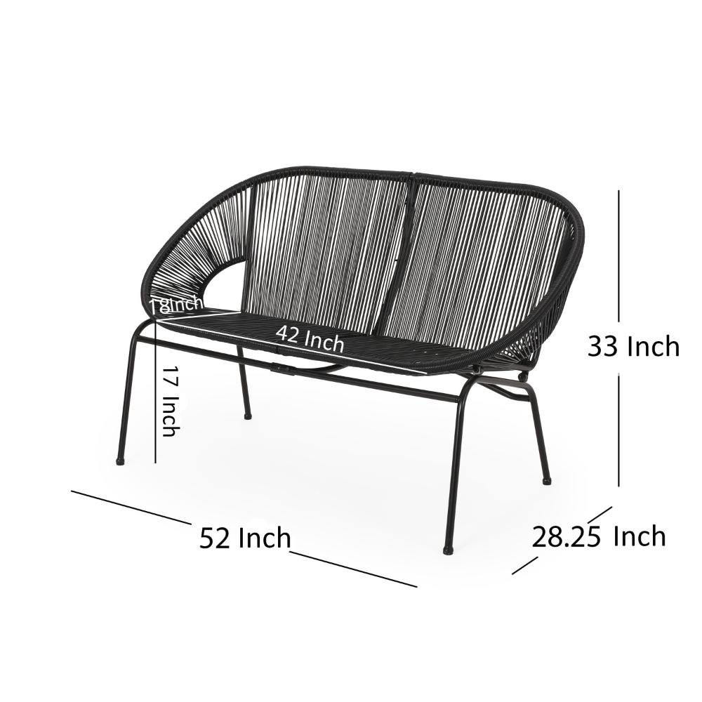 Benjara Remma Loveseat, Outdoor Rattan, Basket Woven, Black Iron Frame, 52 Inch