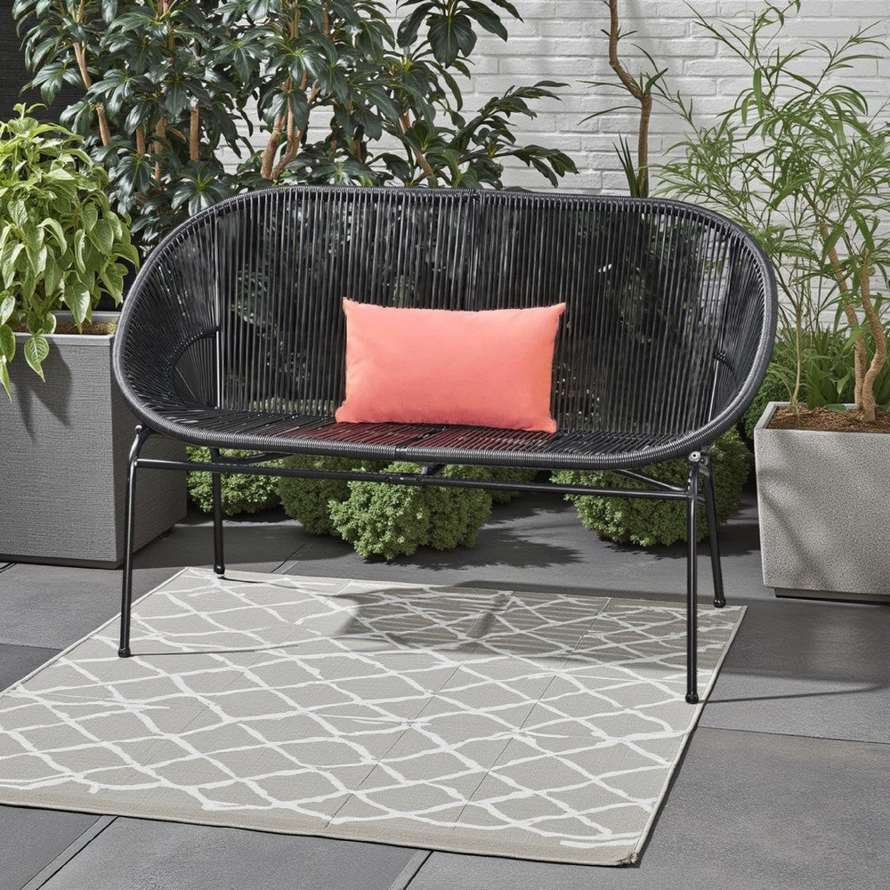 Benjara Remma Loveseat, Outdoor Rattan, Basket Woven, Black Iron Frame, 52 Inch