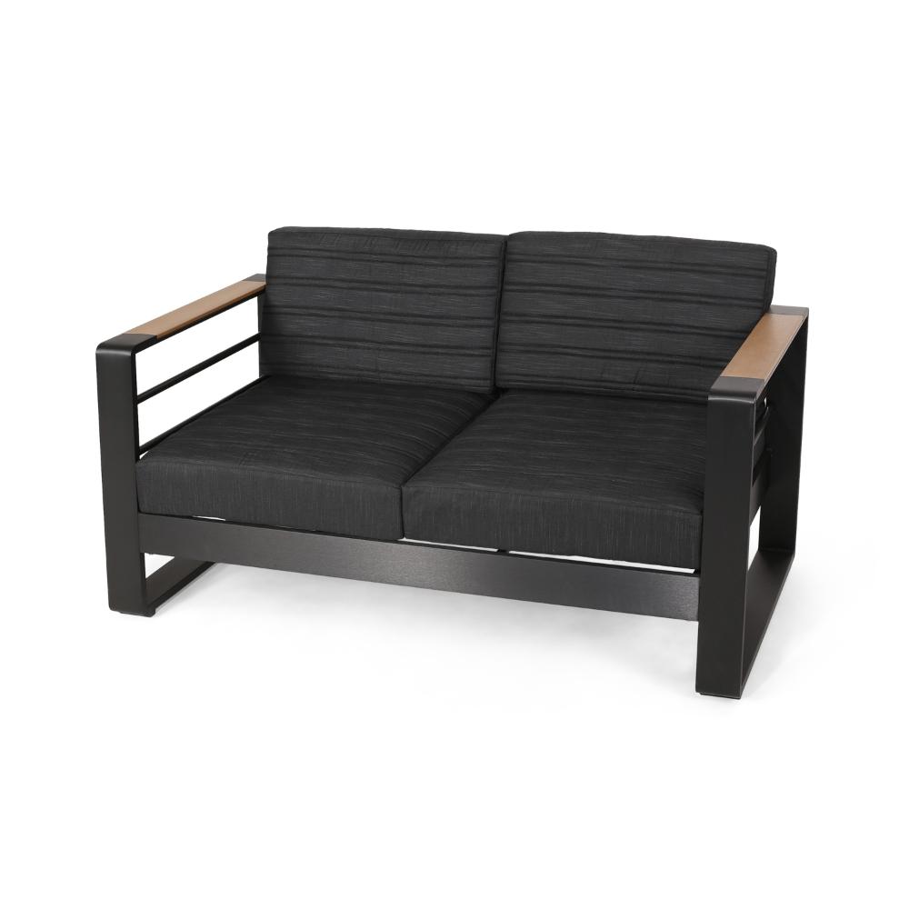 Benjara Vinia Loveseat, Outdoor Dark Gray Polyester, Wood Accents, Black, 57 Inch