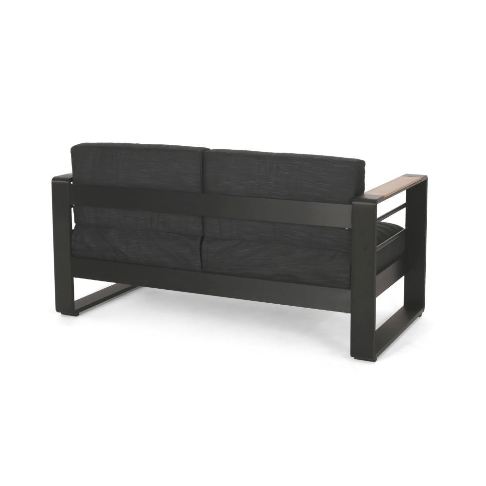 Benjara Vinia Loveseat, Outdoor Dark Gray Polyester, Wood Accents, Black, 57 Inch