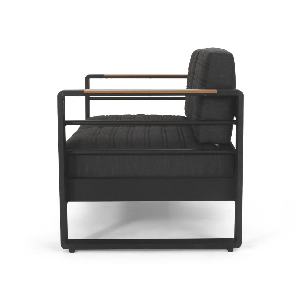 Benjara Vinia Loveseat, Outdoor Dark Gray Polyester, Wood Accents, Black, 57 Inch