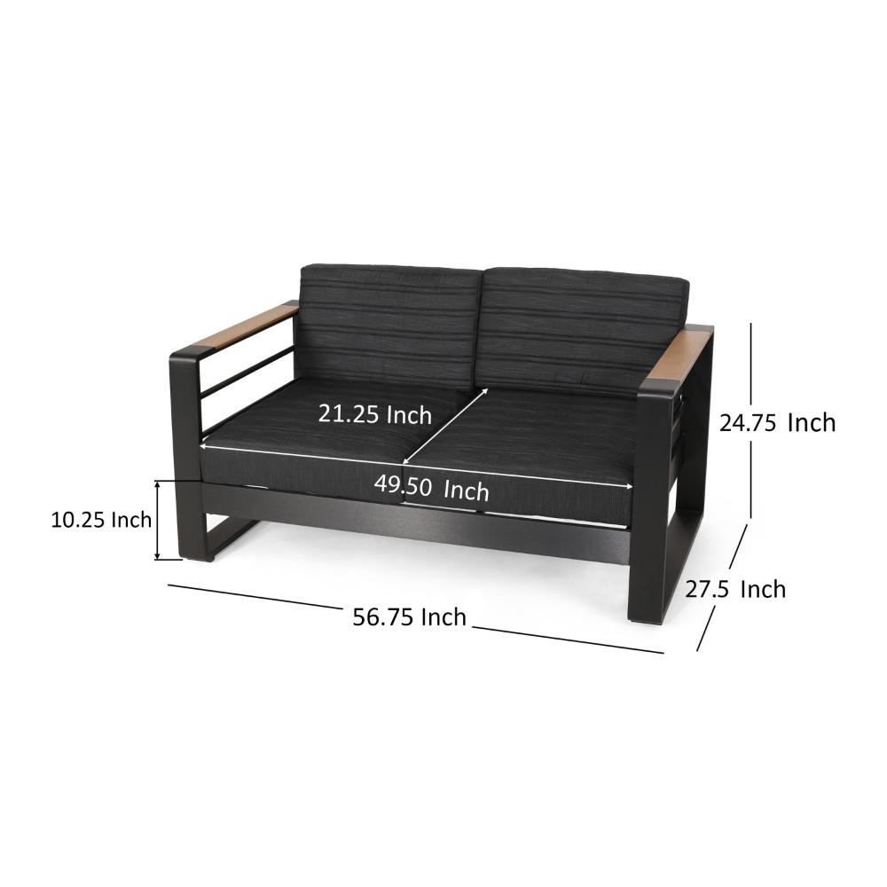 Benjara Vinia Loveseat, Outdoor Dark Gray Polyester, Wood Accents, Black, 57 Inch