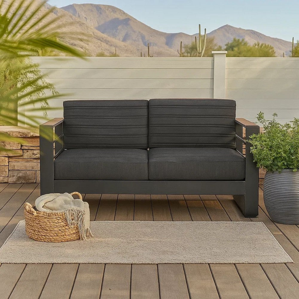 Benjara Vinia Loveseat, Outdoor Dark Gray Polyester, Wood Accents, Black, 57 Inch