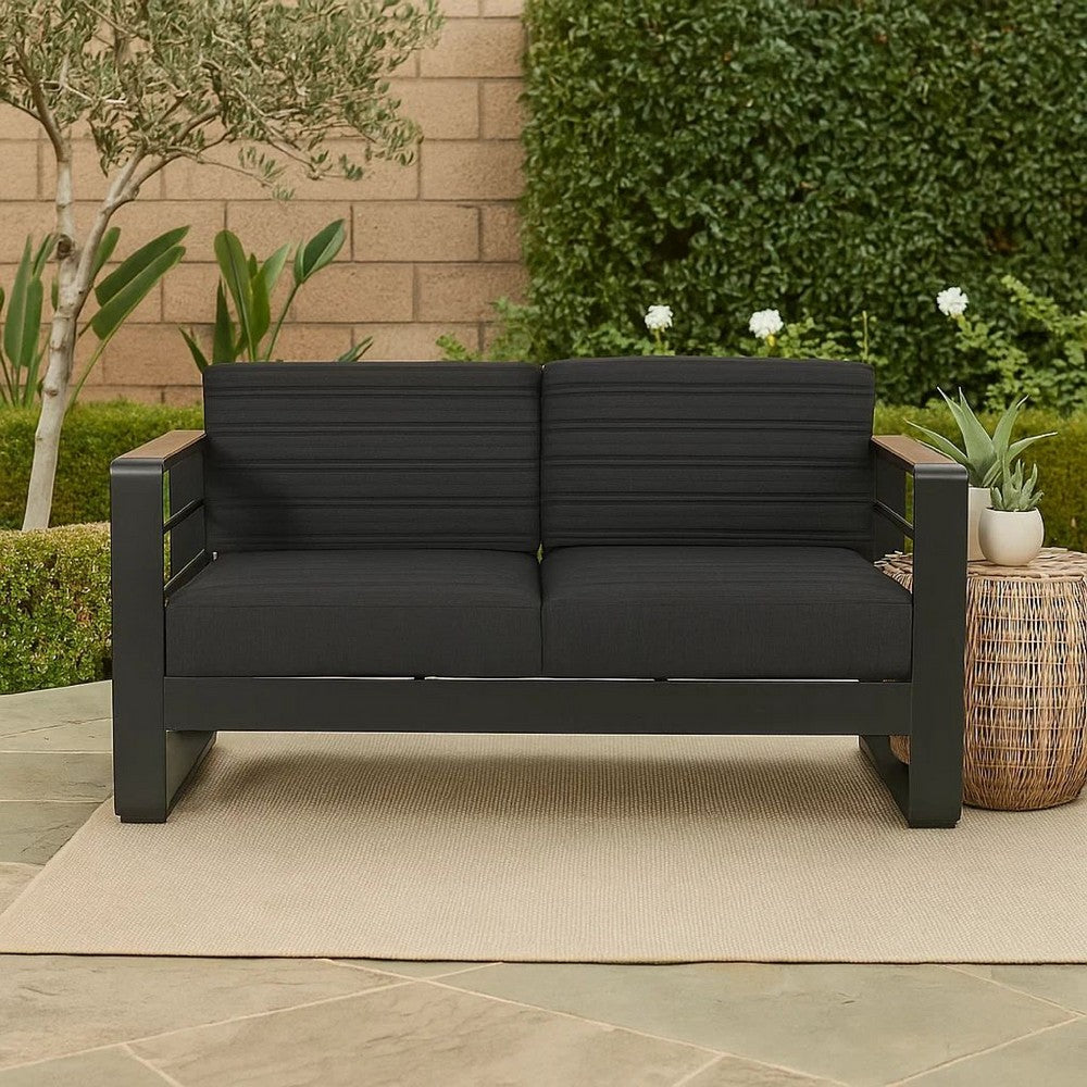 Benjara Vinia Loveseat, Outdoor Dark Gray Polyester, Wood Accents, Black, 57 Inch