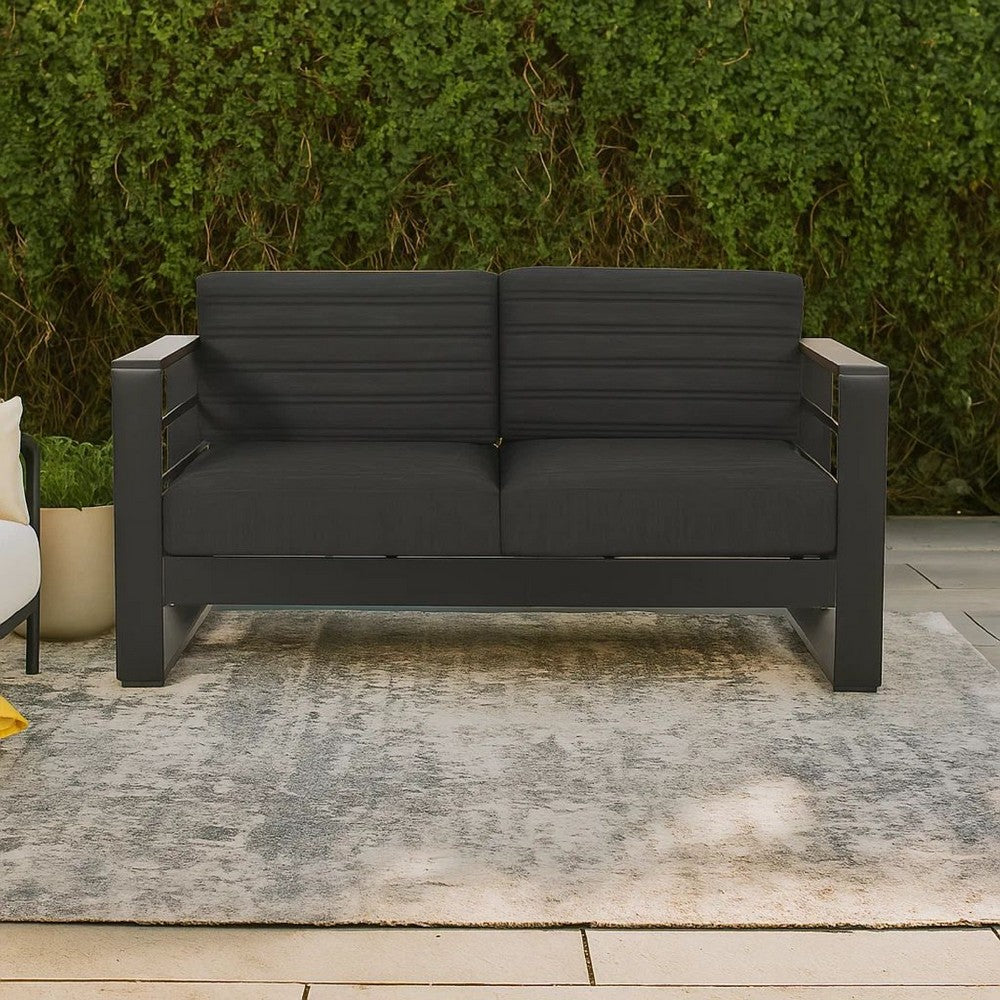 Benjara Vinia Loveseat, Outdoor Dark Gray Polyester, Wood Accents, Black, 57 Inch