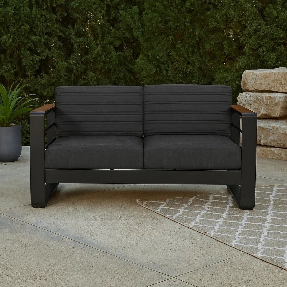 Benjara Vinia Loveseat, Outdoor Dark Gray Polyester, Wood Accents, Black, 57 Inch