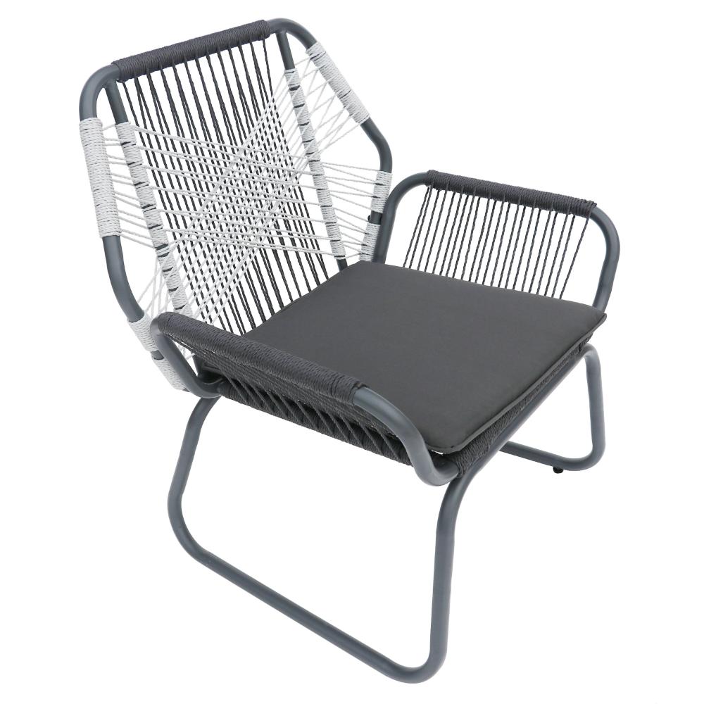 Benjara Ciao Accent Club Chair Set of 2, Outdoor Gray Cushions, Gray Rope And Steel