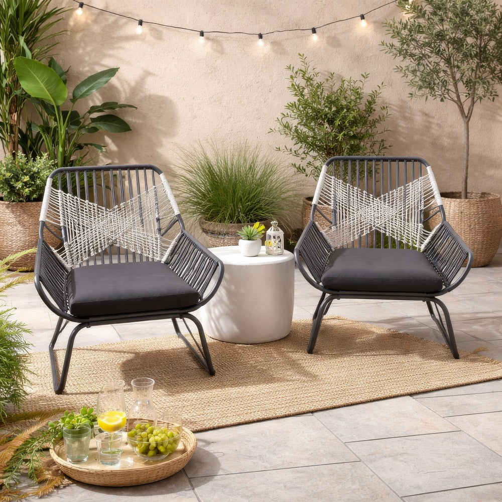 Benjara Ciao Accent Club Chair Set of 2, Outdoor Gray Cushions, Gray Rope And Steel