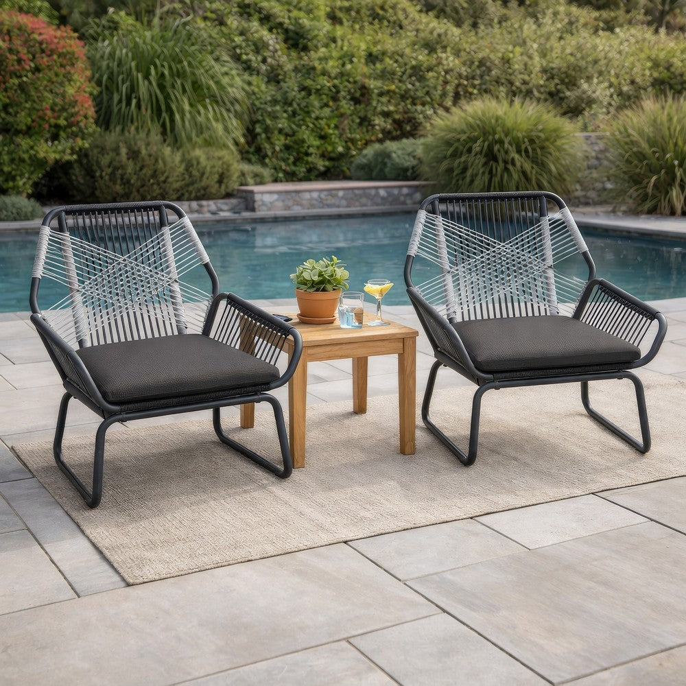 Benjara Ciao Accent Club Chair Set of 2, Outdoor Gray Cushions, Gray Rope And Steel