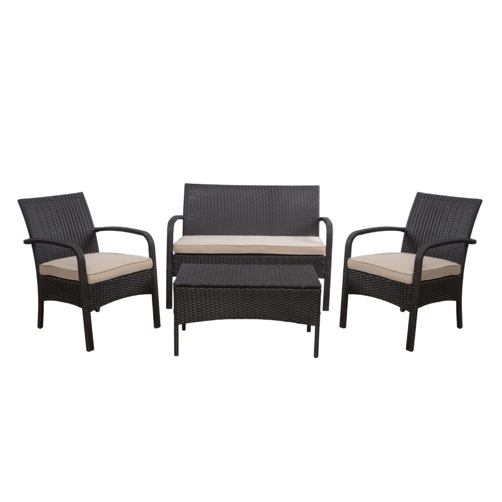 Benjara Orry 4pc Outdoor Table Set, 1 Loveseat, 2 Accent Chairs, Tan, Brown Rattan