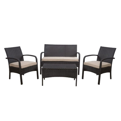 Benjara Orry 4pc Outdoor Table Set, 1 Loveseat, 2 Accent Chairs, Tan, Brown Rattan