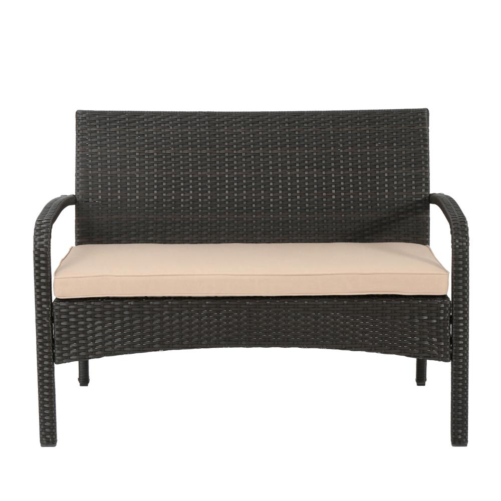 Benjara Orry 4pc Outdoor Table Set, 1 Loveseat, 2 Accent Chairs, Tan, Brown Rattan