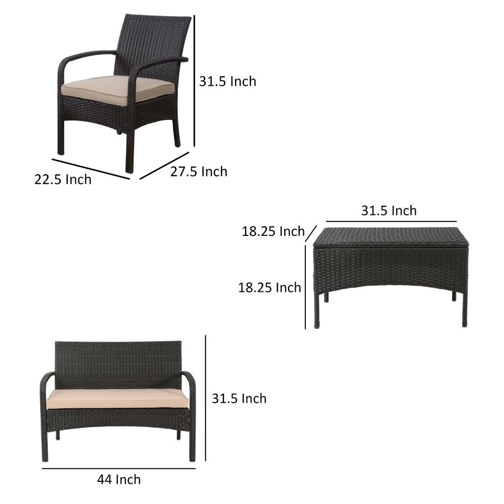Benjara Orry 4pc Outdoor Table Set, 1 Loveseat, 2 Accent Chairs, Tan, Brown Rattan