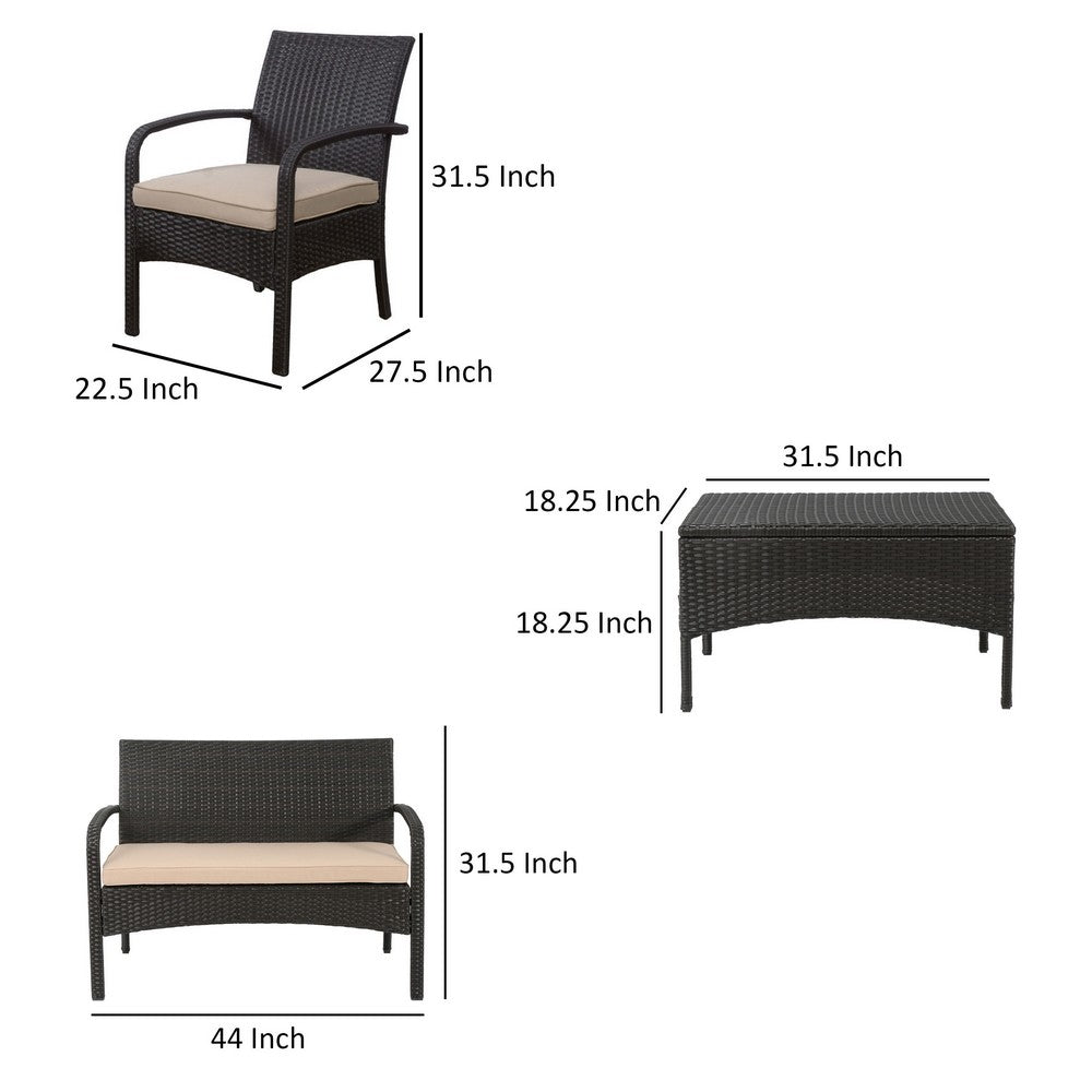 Benjara Orry 4pc Outdoor Table Set, 1 Loveseat, 2 Accent Chairs, Tan, Brown Rattan