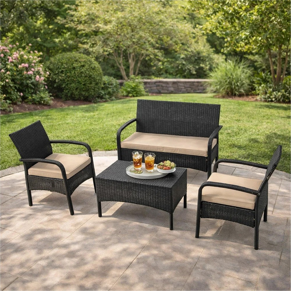 Benjara Orry 4pc Outdoor Table Set, 1 Loveseat, 2 Accent Chairs, Tan, Brown Rattan