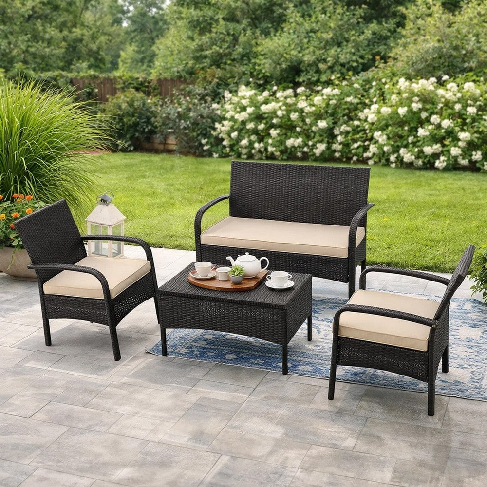 Benjara Orry 4pc Outdoor Table Set, 1 Loveseat, 2 Accent Chairs, Tan, Brown Rattan