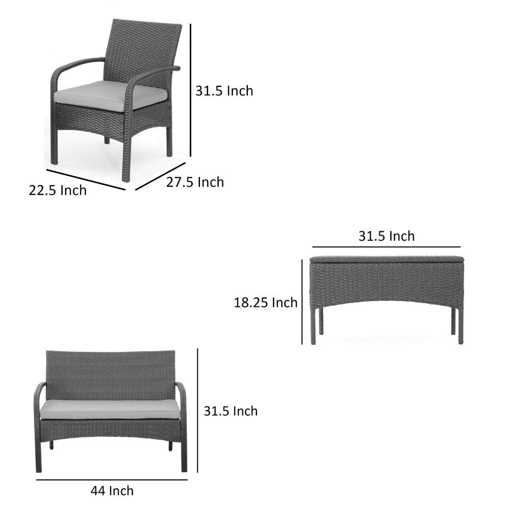 Benjara Orry 4pc Outdoor Table Set, 1 Loveseat, 2 Accent Chairs, Dark Gray Finish