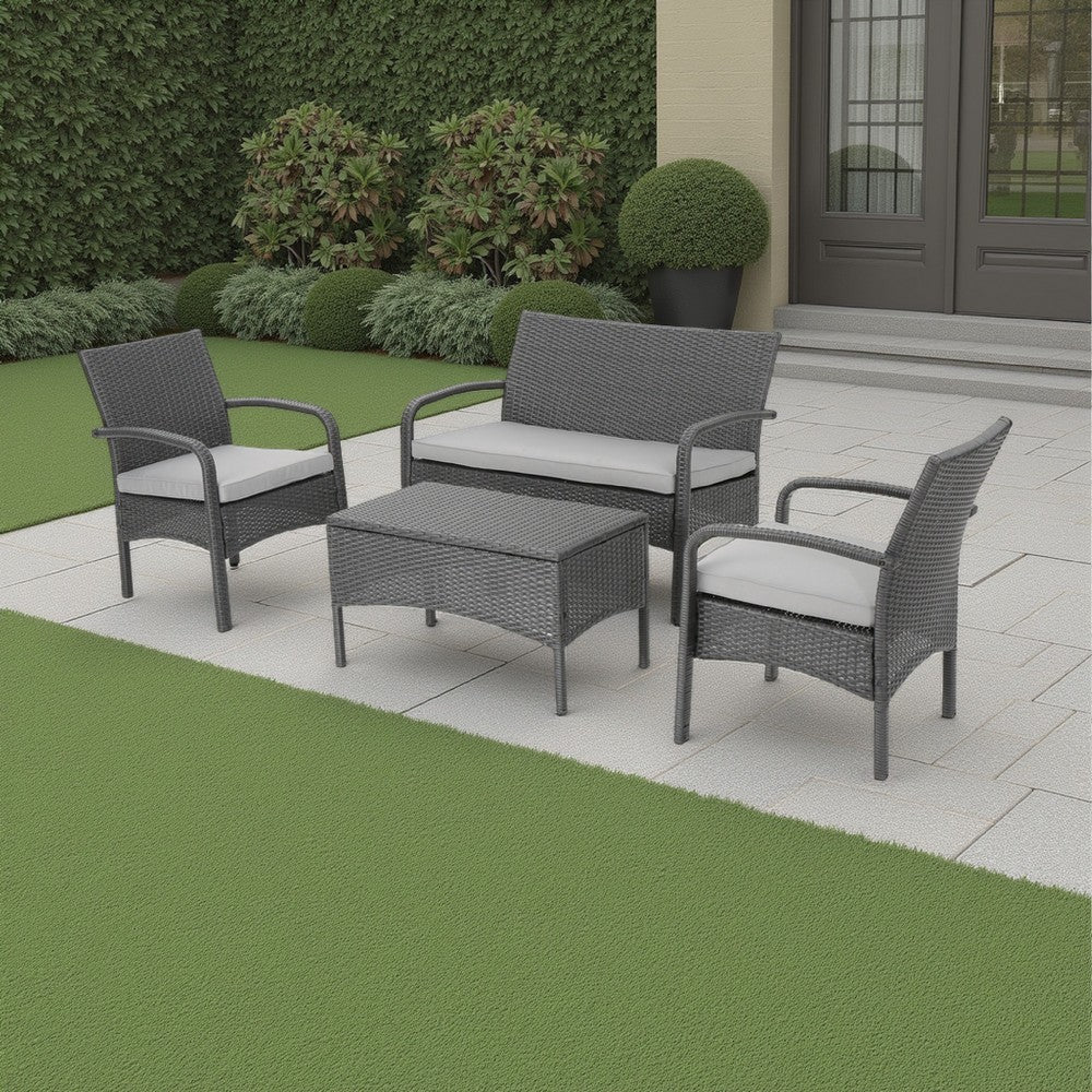 Benjara Orry 4pc Outdoor Table Set, 1 Loveseat, 2 Accent Chairs, Dark Gray Finish