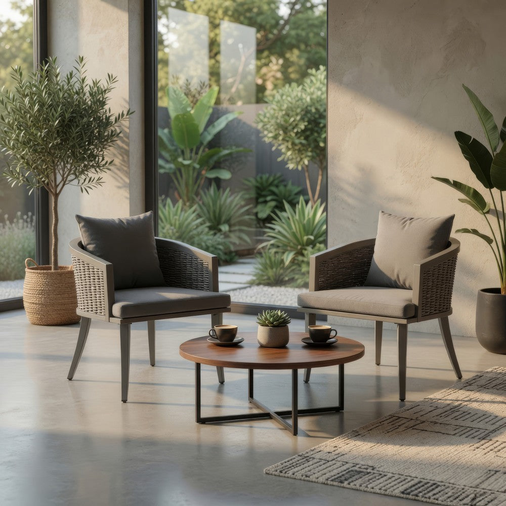 Benjara Ruble Accent Chair Set of 2, Gray Waterproof Fabric, Outdoor Rattan, Iron