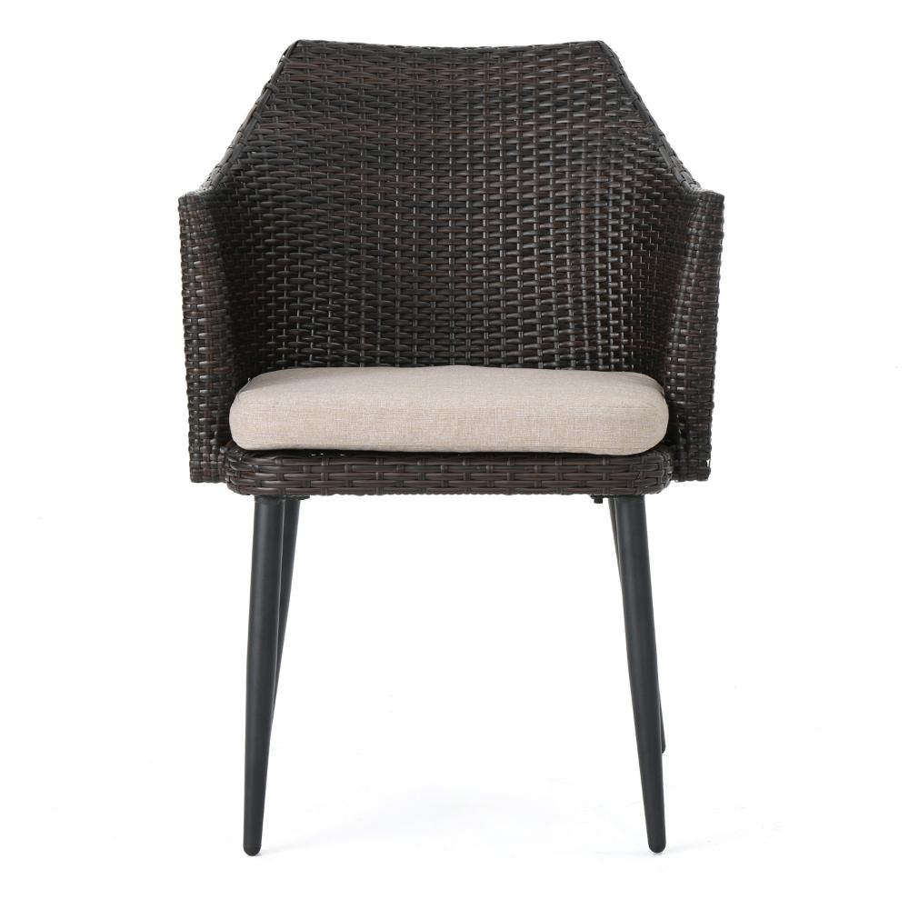 Benjara Kenny 3pc Outdoor Accent Chair Set, 1 Table, White, Brown Rattan, Iron