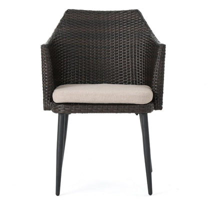 Benjara Kenny 3pc Outdoor Accent Chair Set, 1 Table, White, Brown Rattan, Iron