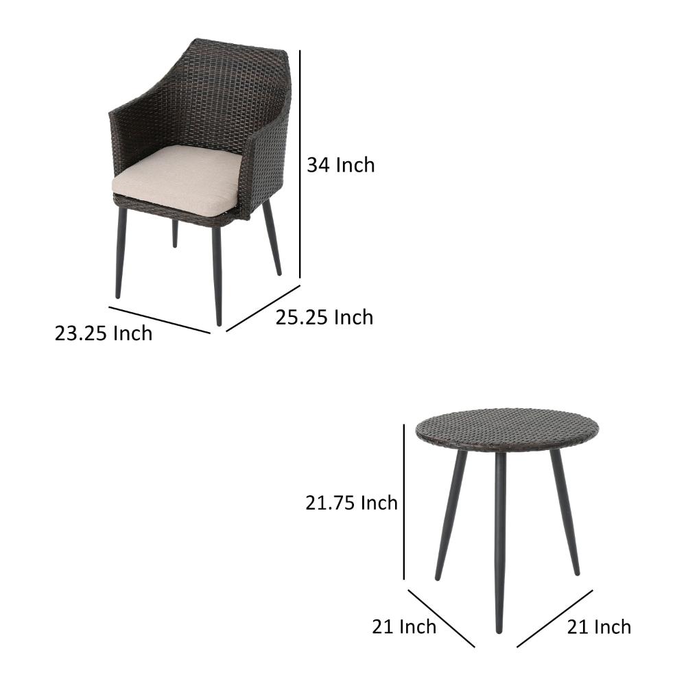 Benjara Kenny 3pc Outdoor Accent Chair Set, 1 Table, White, Brown Rattan, Iron