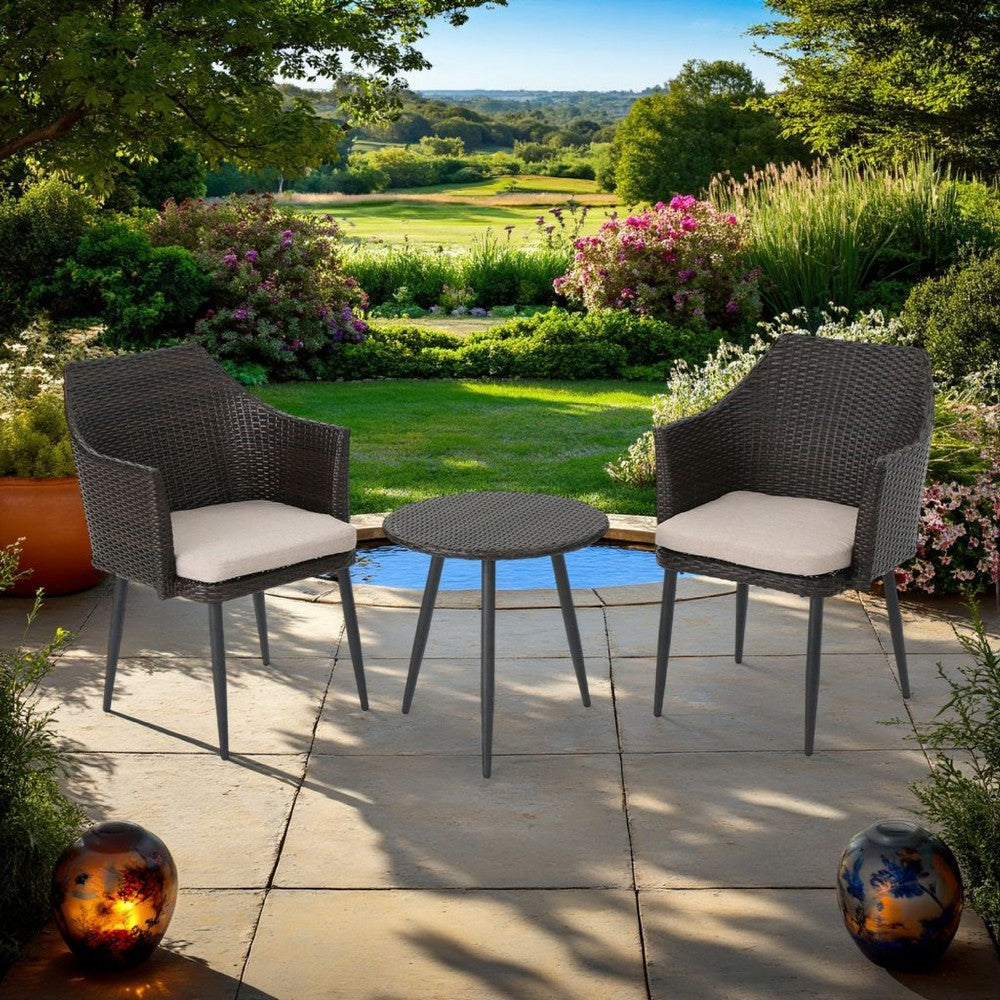 Benjara Kenny 3pc Outdoor Accent Chair Set, 1 Table, White, Brown Rattan, Iron