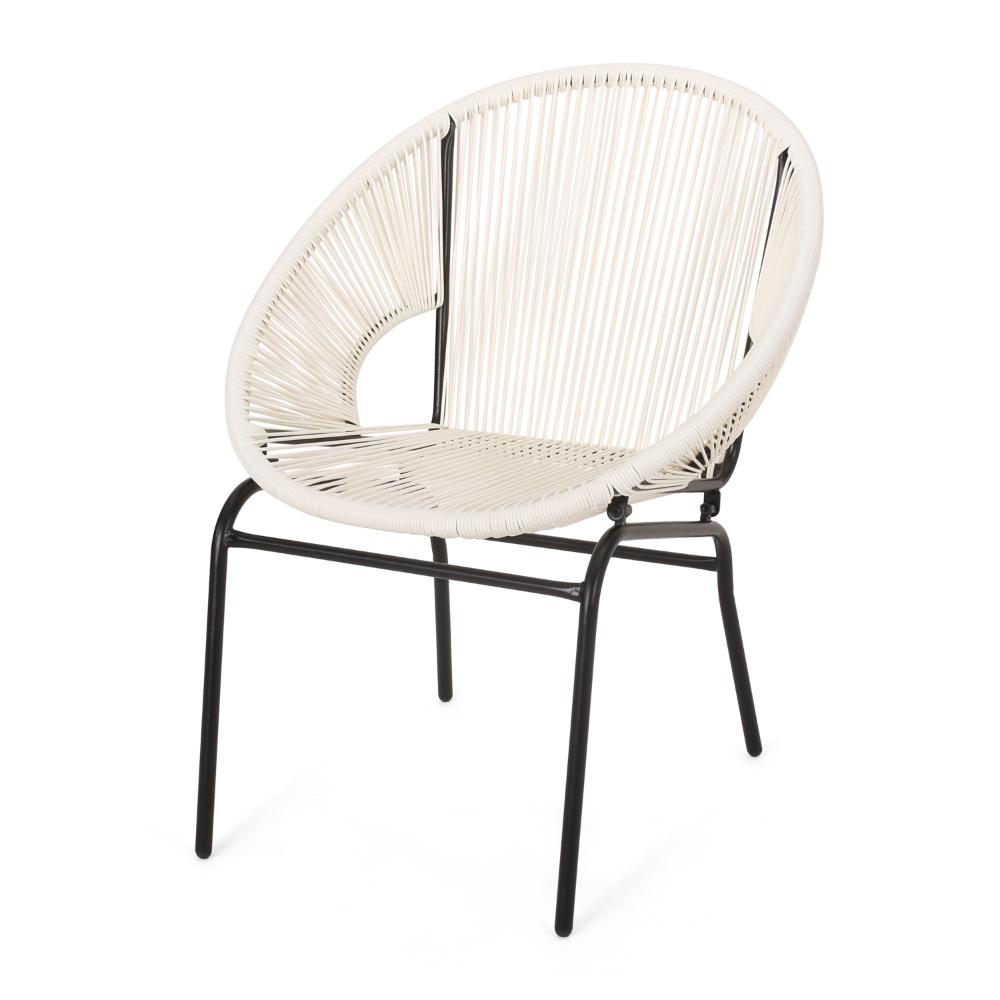Benjara Sanu Outdoor Accent Chair Set of 2, White PE Rattan, Black Iron, Round Back
