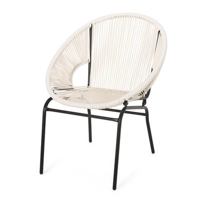 Benjara Sanu Outdoor Accent Chair Set of 2, White PE Rattan, Black Iron, Round Back