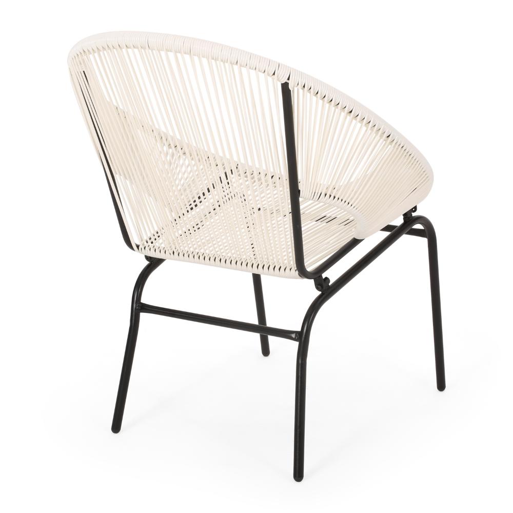 Benjara Sanu Outdoor Accent Chair Set of 2, White PE Rattan, Black Iron, Round Back