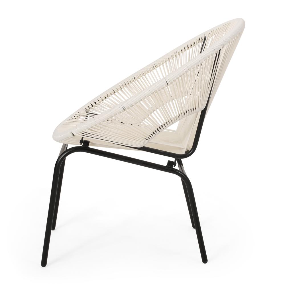 Benjara Sanu Outdoor Accent Chair Set of 2, White PE Rattan, Black Iron, Round Back