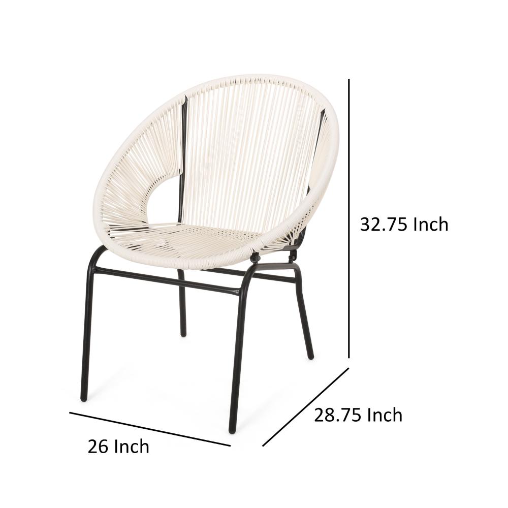 Benjara Sanu Outdoor Accent Chair Set of 2, White PE Rattan, Black Iron, Round Back