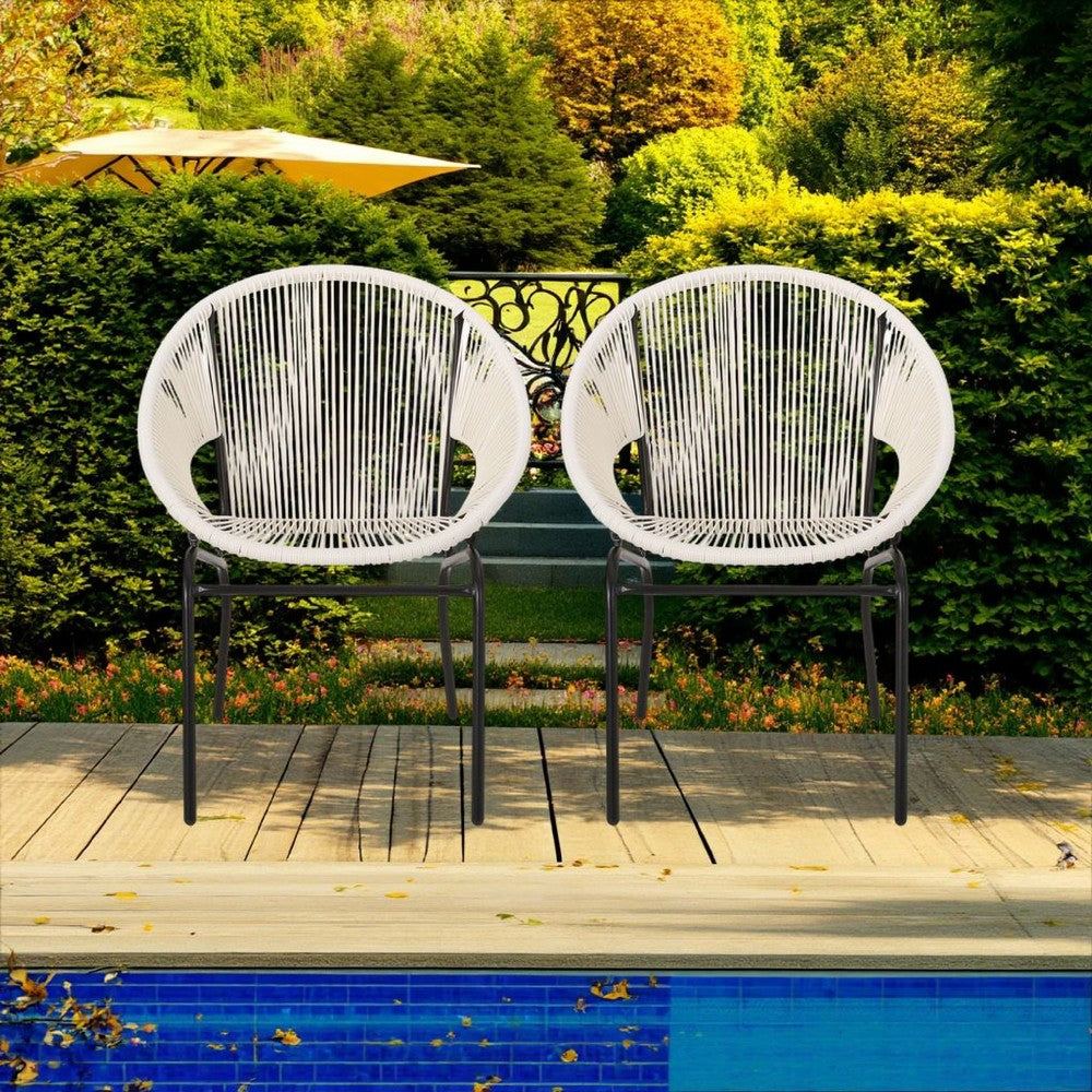 Benjara Sanu Outdoor Accent Chair Set of 2, White PE Rattan, Black Iron, Round Back
