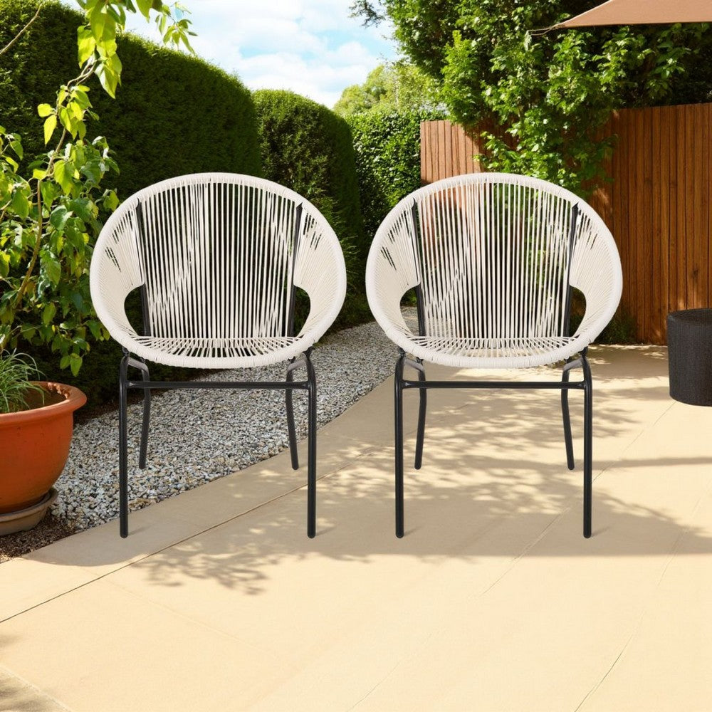 Benjara Sanu Outdoor Accent Chair Set of 2, White PE Rattan, Black Iron, Round Back