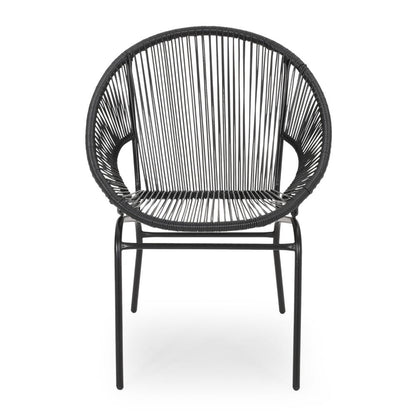 Benjara Sanu Outdoor Accent Chair Set of 2, PE Rattan, Black Iron, Round Backrests