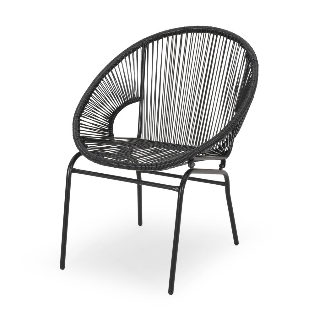 Benjara Sanu Outdoor Accent Chair Set of 2, PE Rattan, Black Iron, Round Backrests